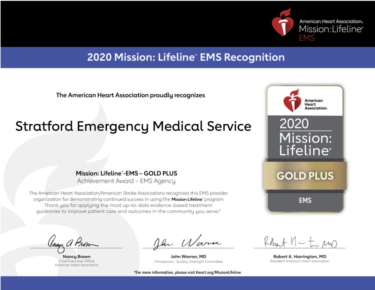 Stratford Ems Receives Aha Mission Lifeline Gold Plus Recognition Award